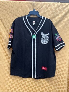 Supreme Black Baseball Jersey with White Trim and Patchwork